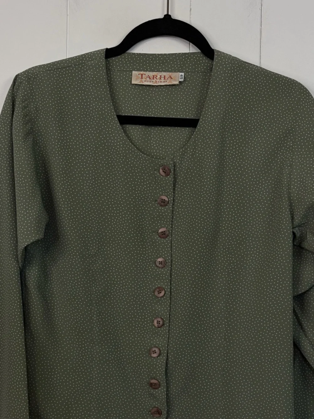 Vintage 90s Olive Green Polka Dot Blouse Office Minimalist Button Top size Small - Picture 5 of 13